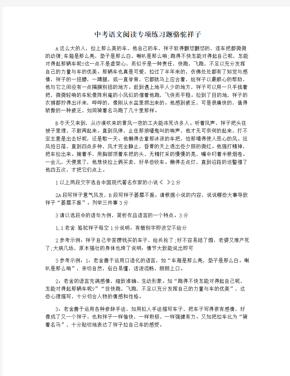 中考语文阅读专项练习题骆驼祥子