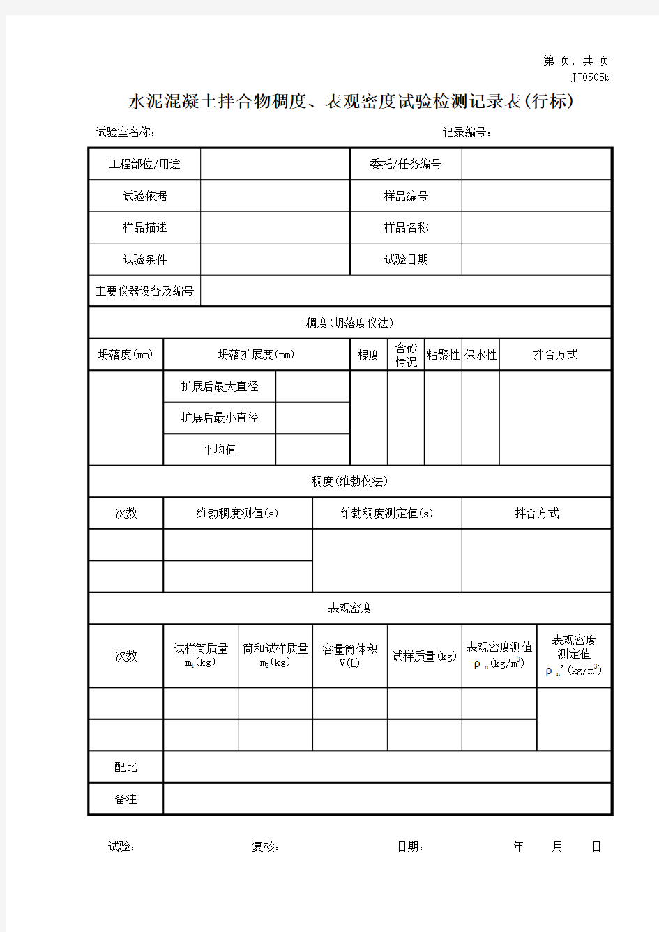 水泥混凝土拌合物稠度、表观密度试验检测记录表(行标)