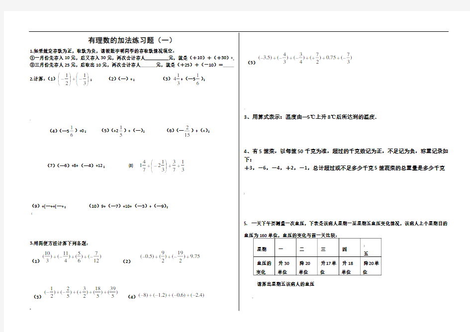 人教版初一数学上册有理数加法练习题