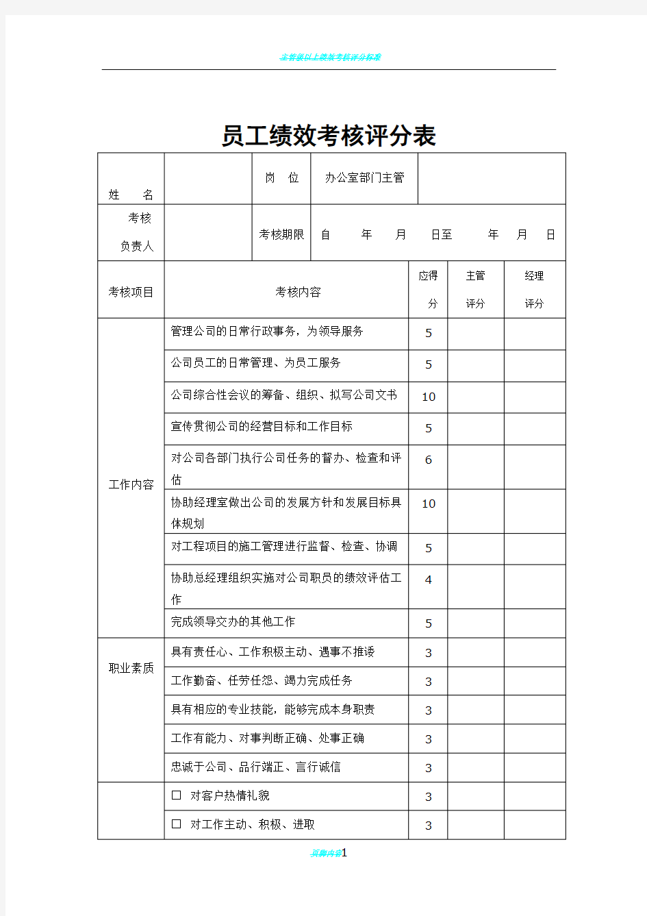 员工绩效考核评分表