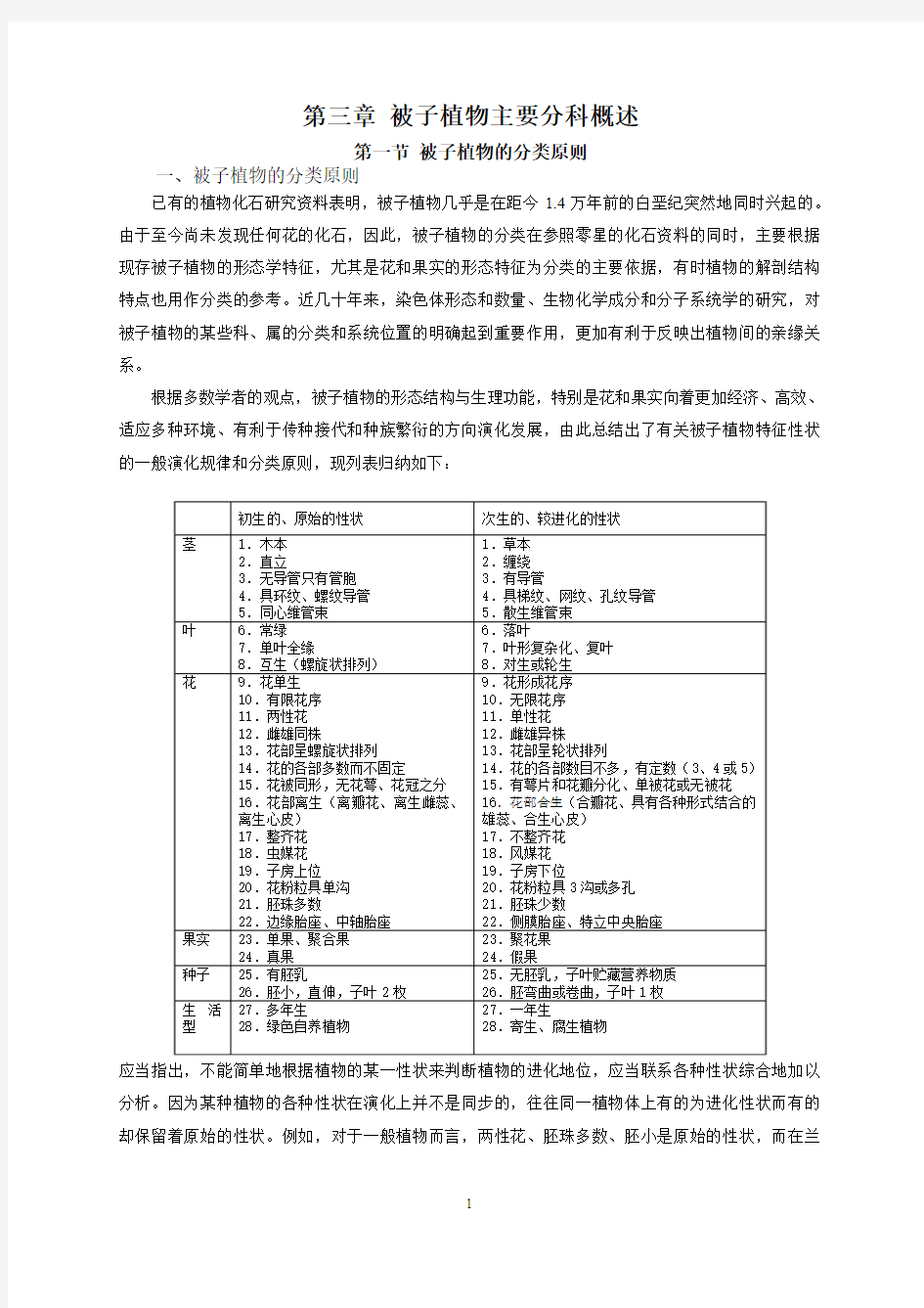 第三章被子植物主要分科概述