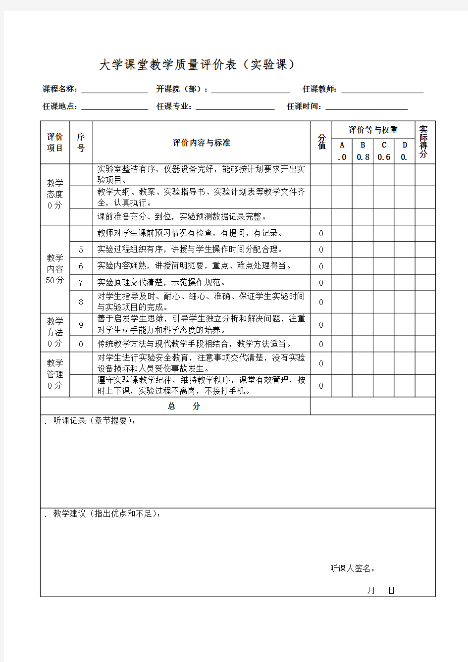 大学课堂教学质量评价表(理论课)