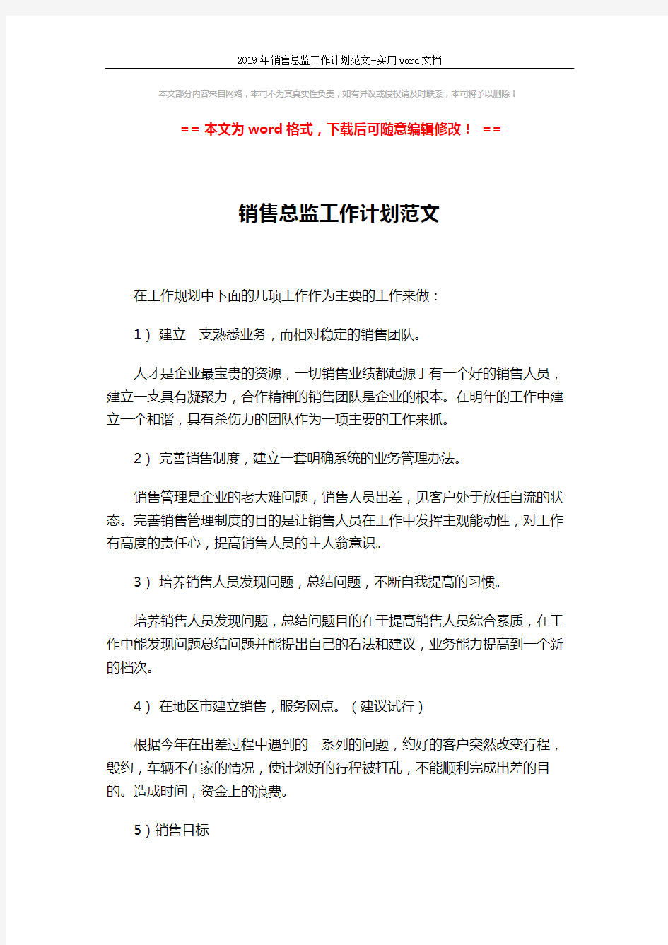 2019年销售总监工作计划范文-实用word文档 (2页)