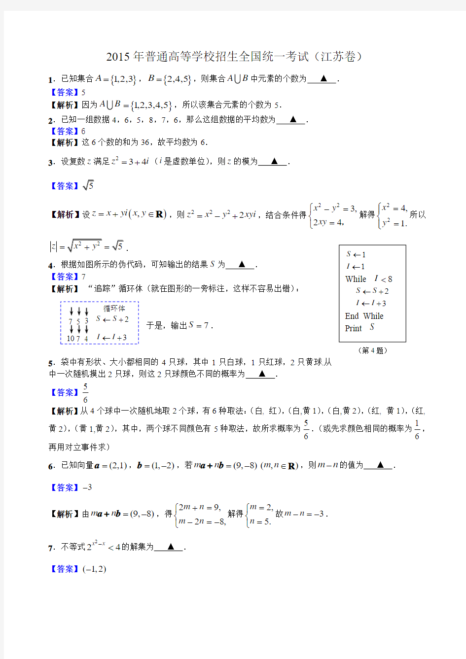 2015年高考数学江苏卷