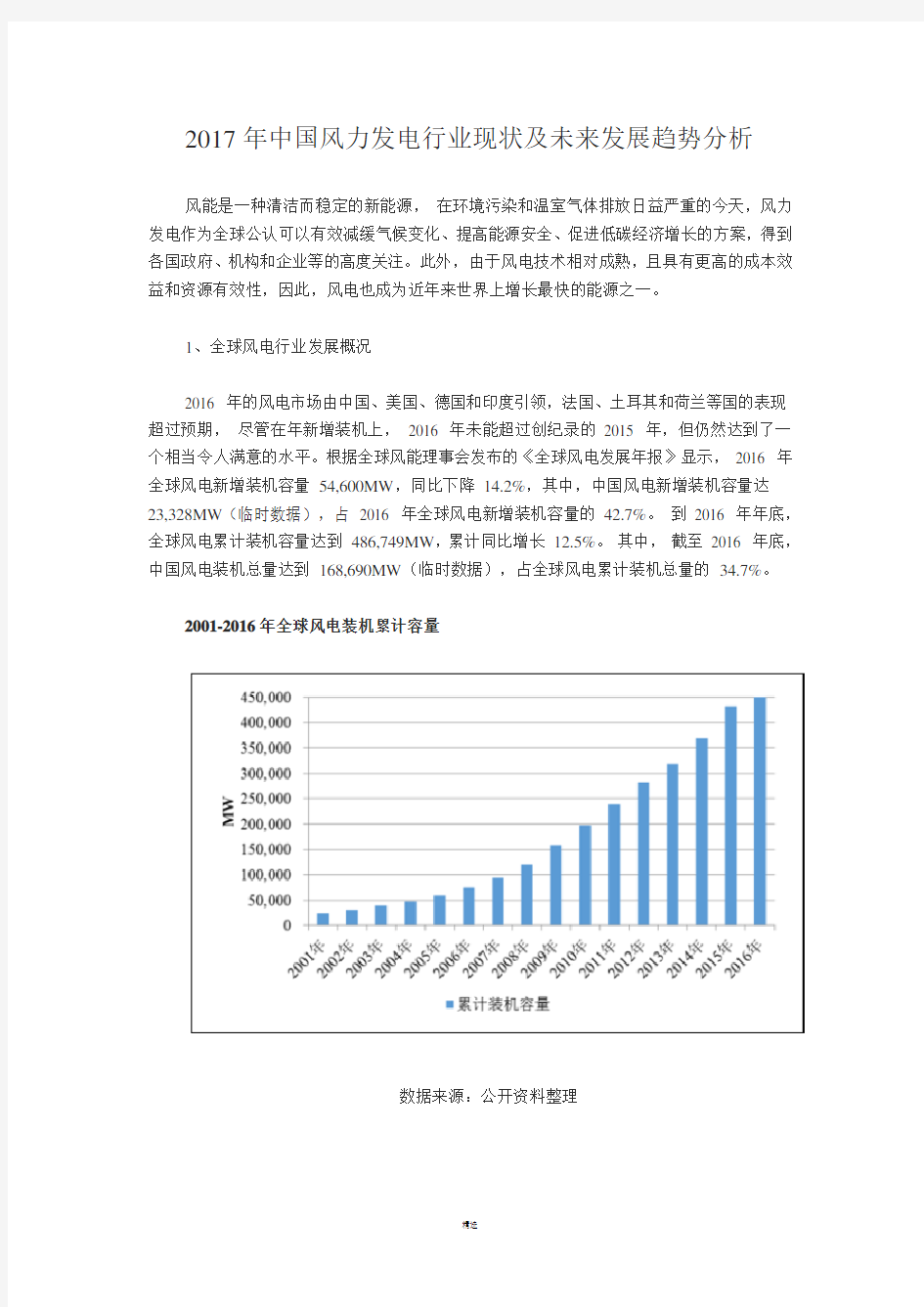 2017年中国风力发电行业现状及未来发展趋势分析