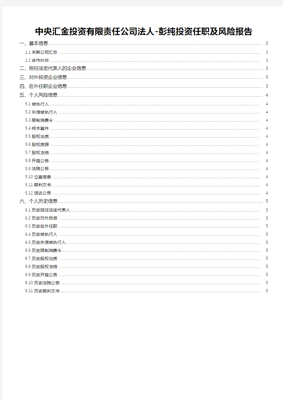 中央汇金投资有限责任公司法人-彭纯投资任职及风险报告