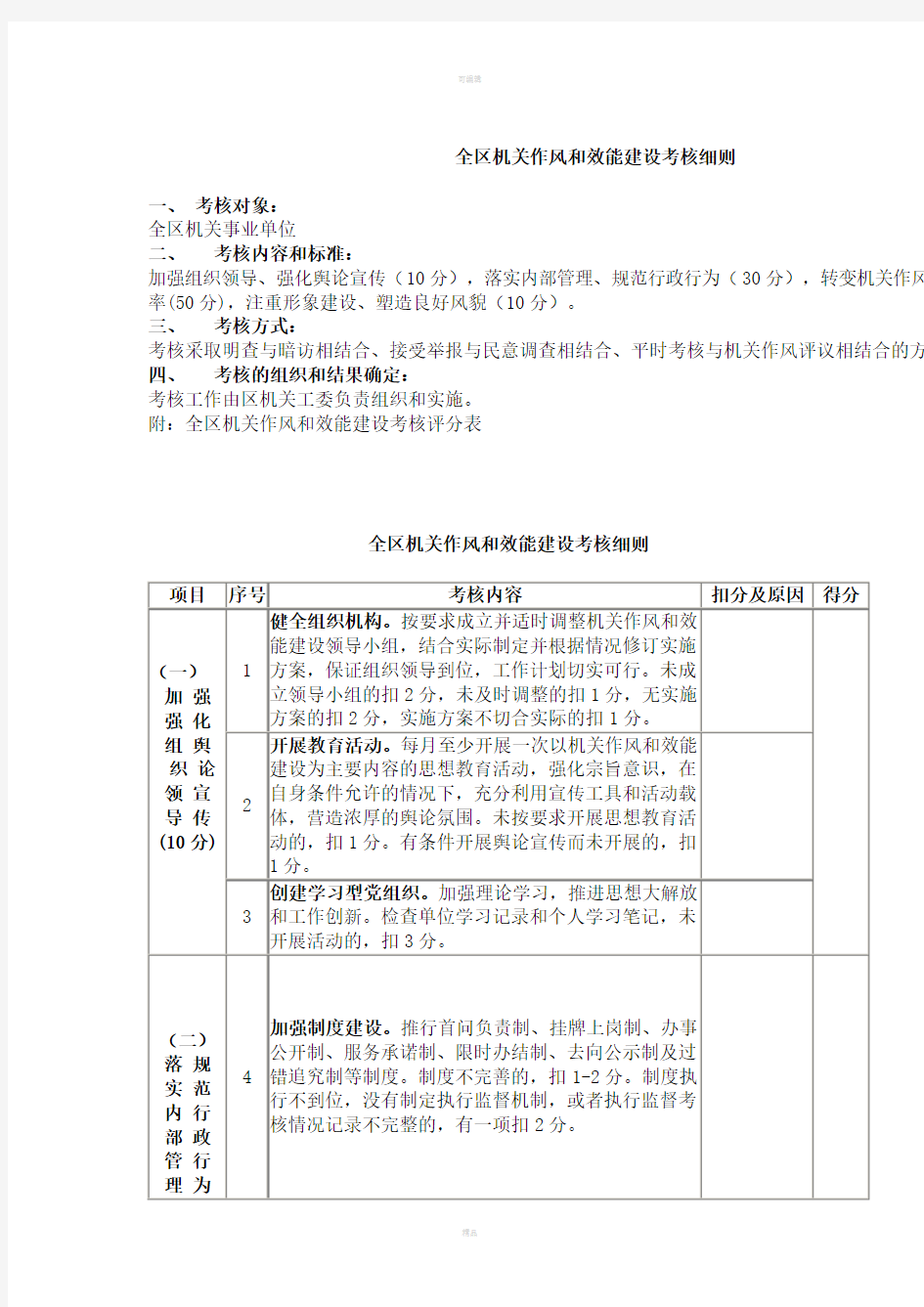 全区机关作风和效能建设考核细则