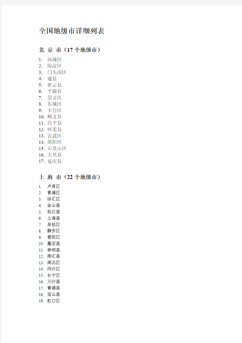 全国地级市名单整理