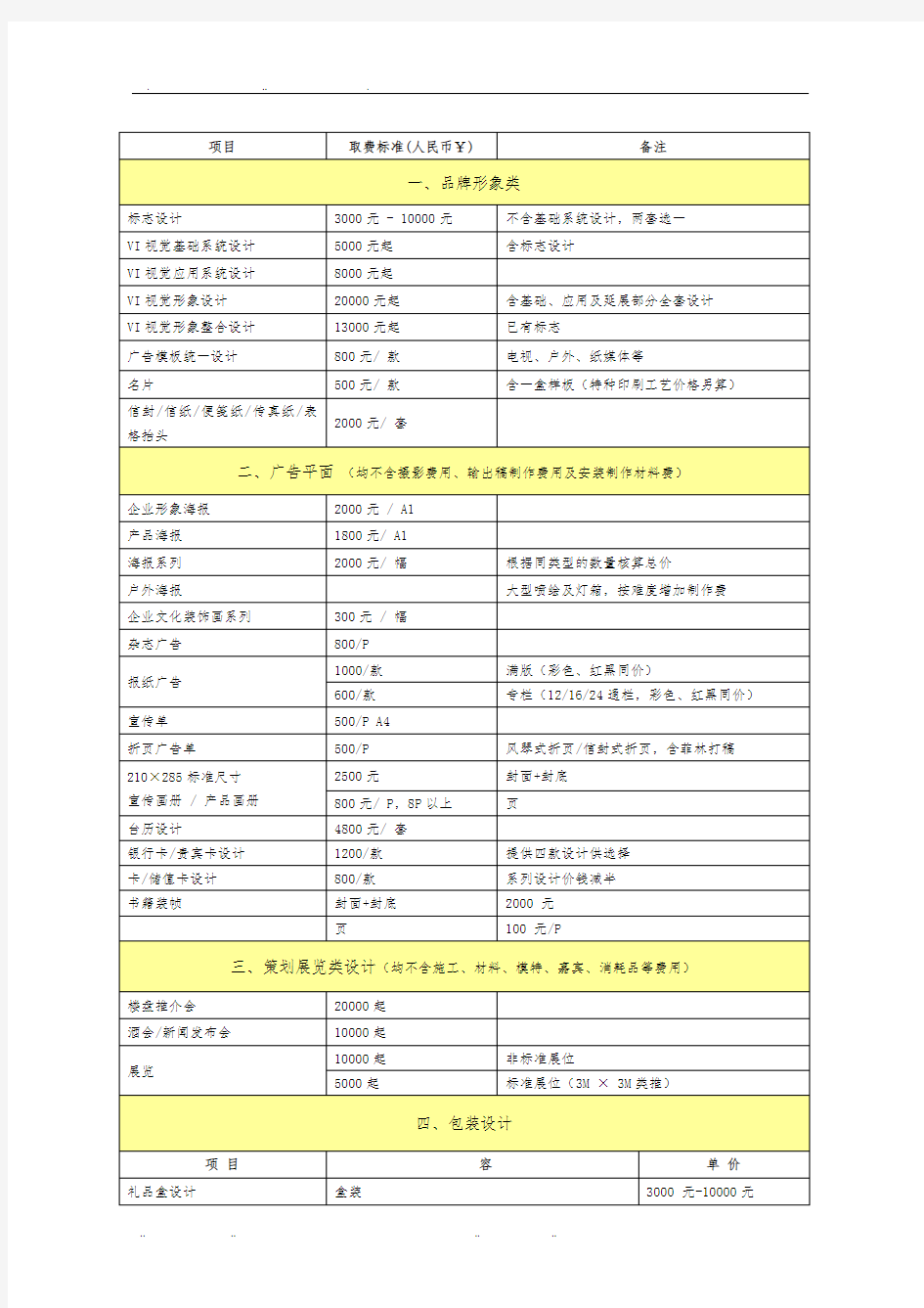 平面设计报价单