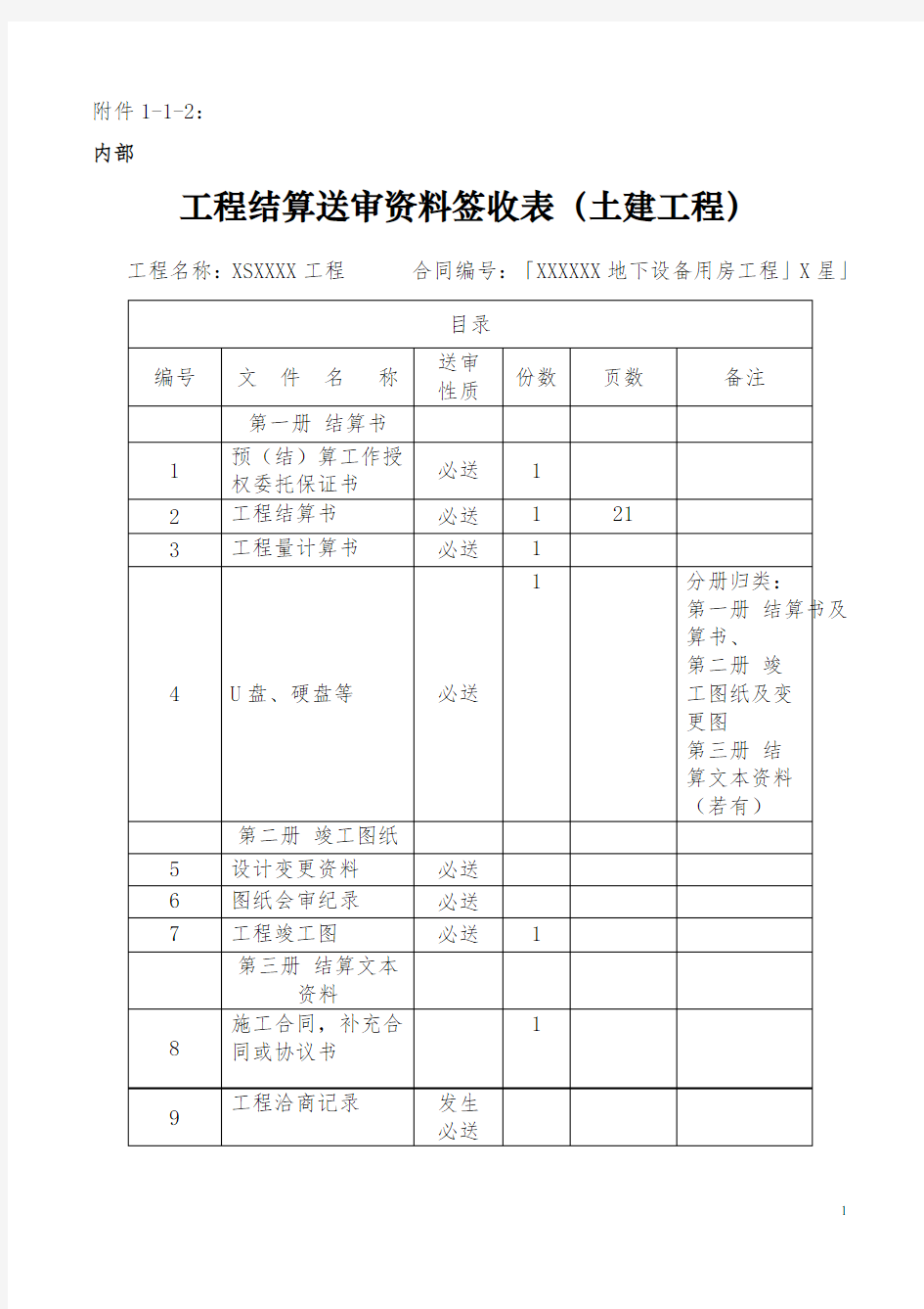 工程结算送审资料签收表