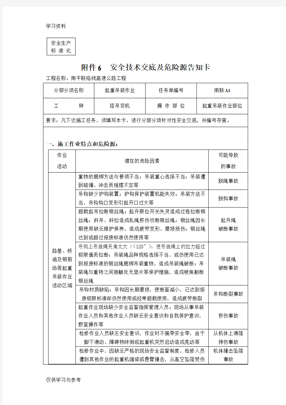 塔吊安全技术交底及危险源告知卡教学内容