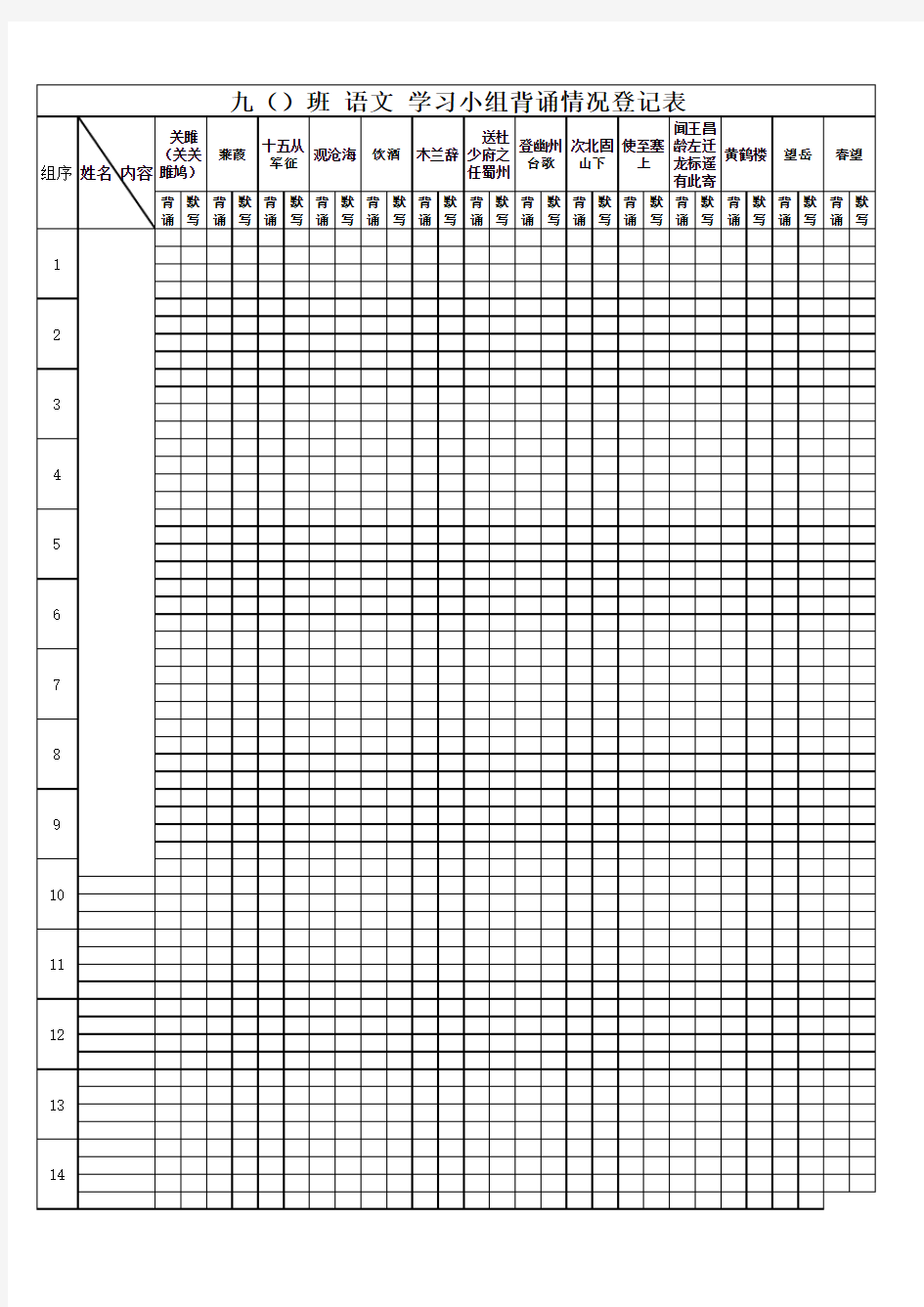九()语文小组背诵情况登记表
