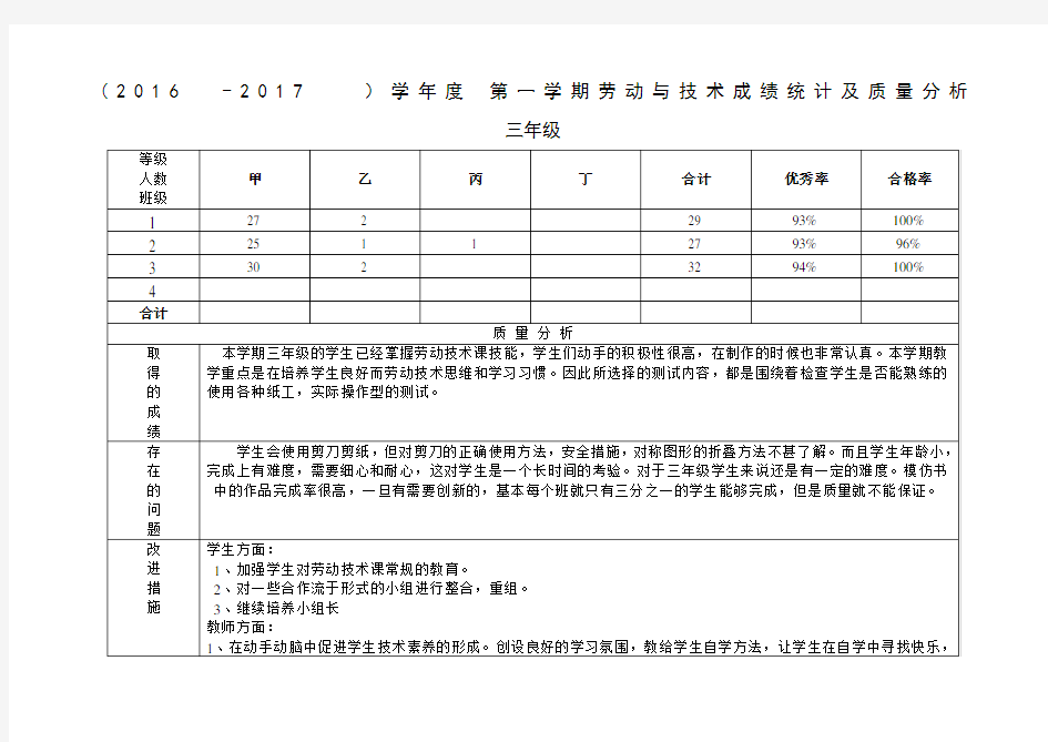 三年级劳动与技术成绩统计及质量分析