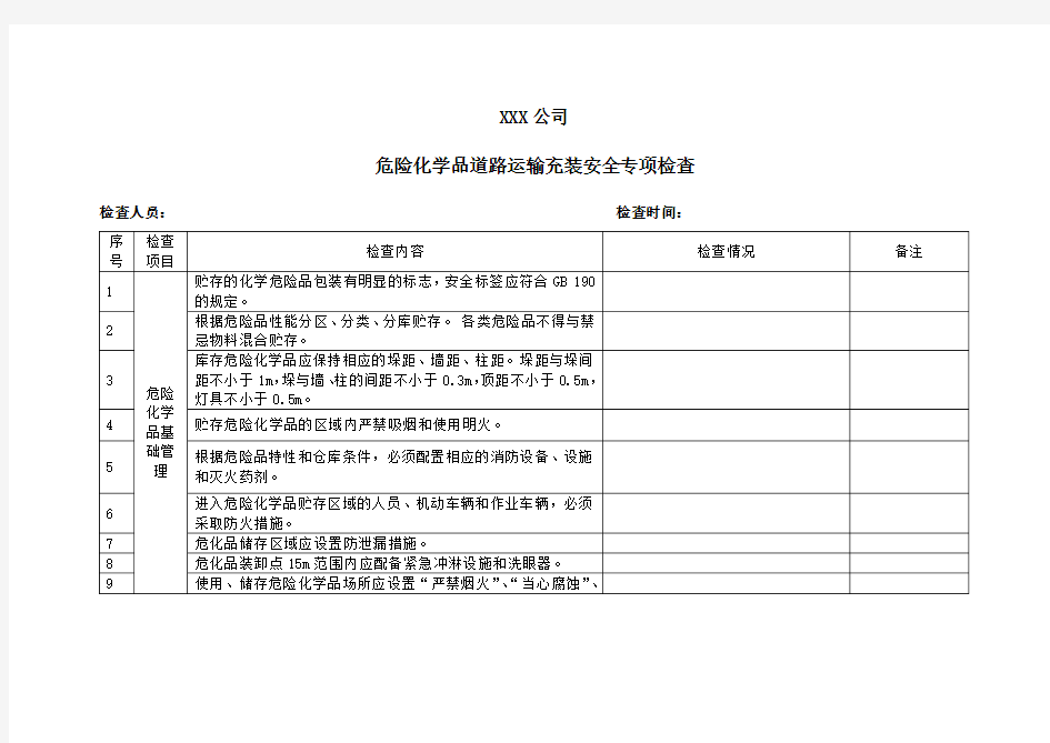 危险化学品道路运输充装安全专项检查表