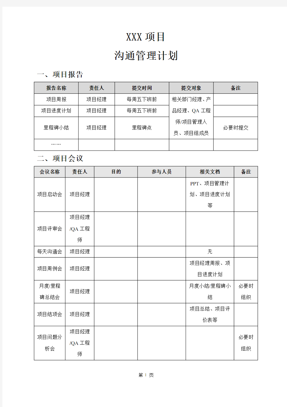 10 沟通管理计划(模板)