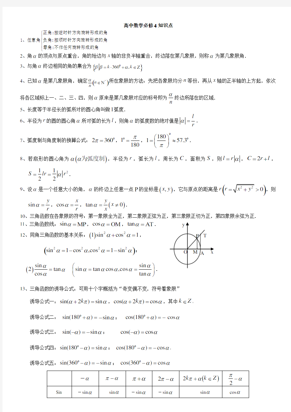 人教版数学高中必修4知识点整理