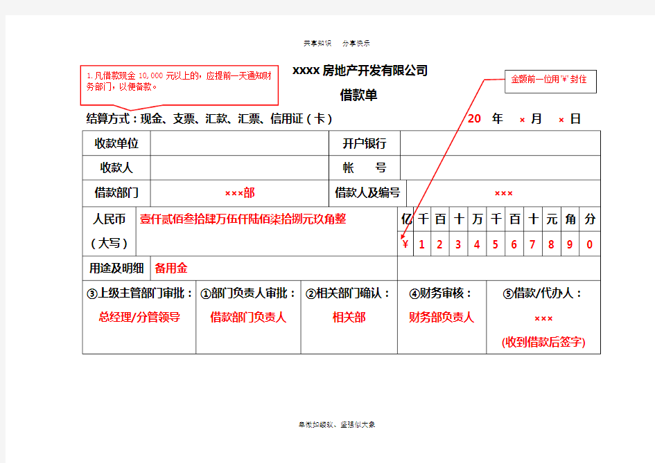 财务付款及报销单据填写样本