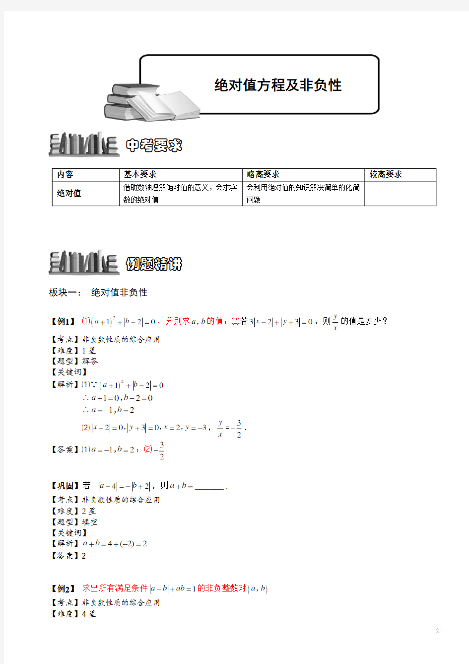 1-2-2(10年秋)绝对值方程及非负性.讲义教师版