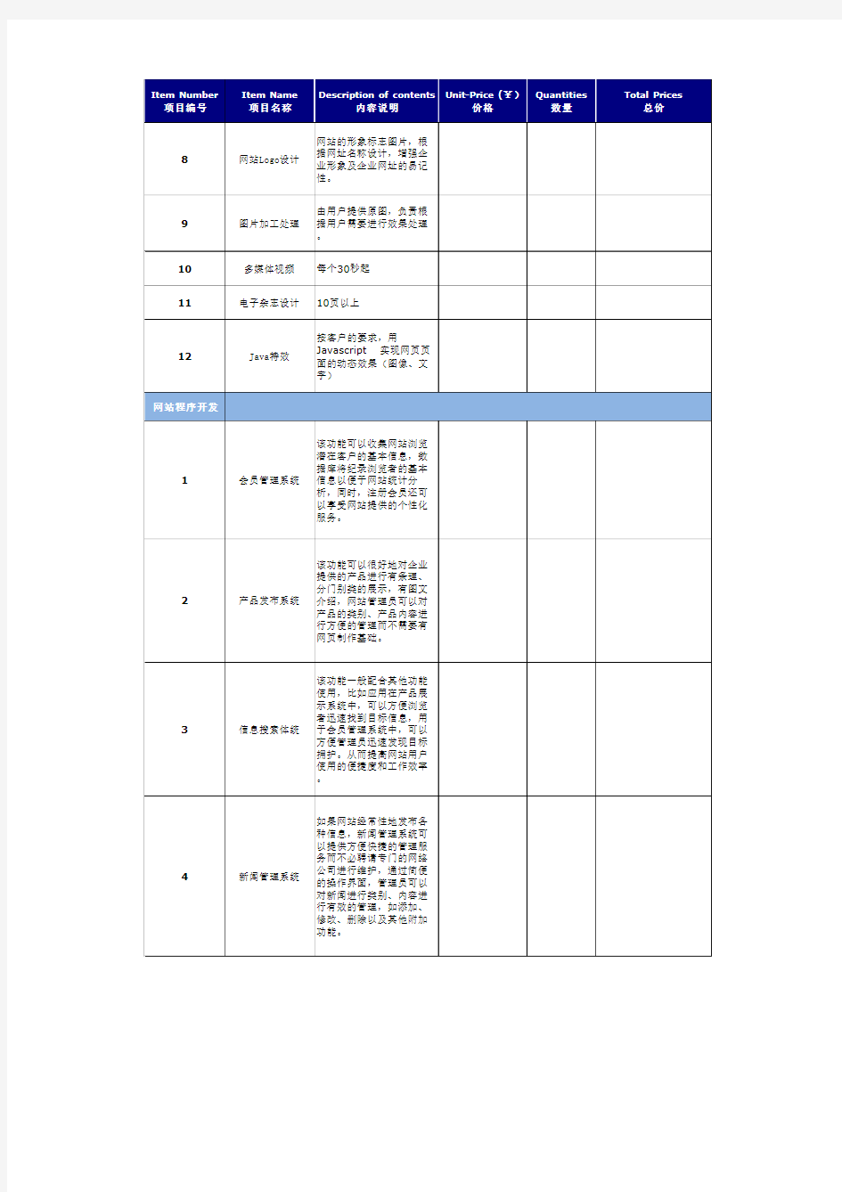 网站设计制作报价单