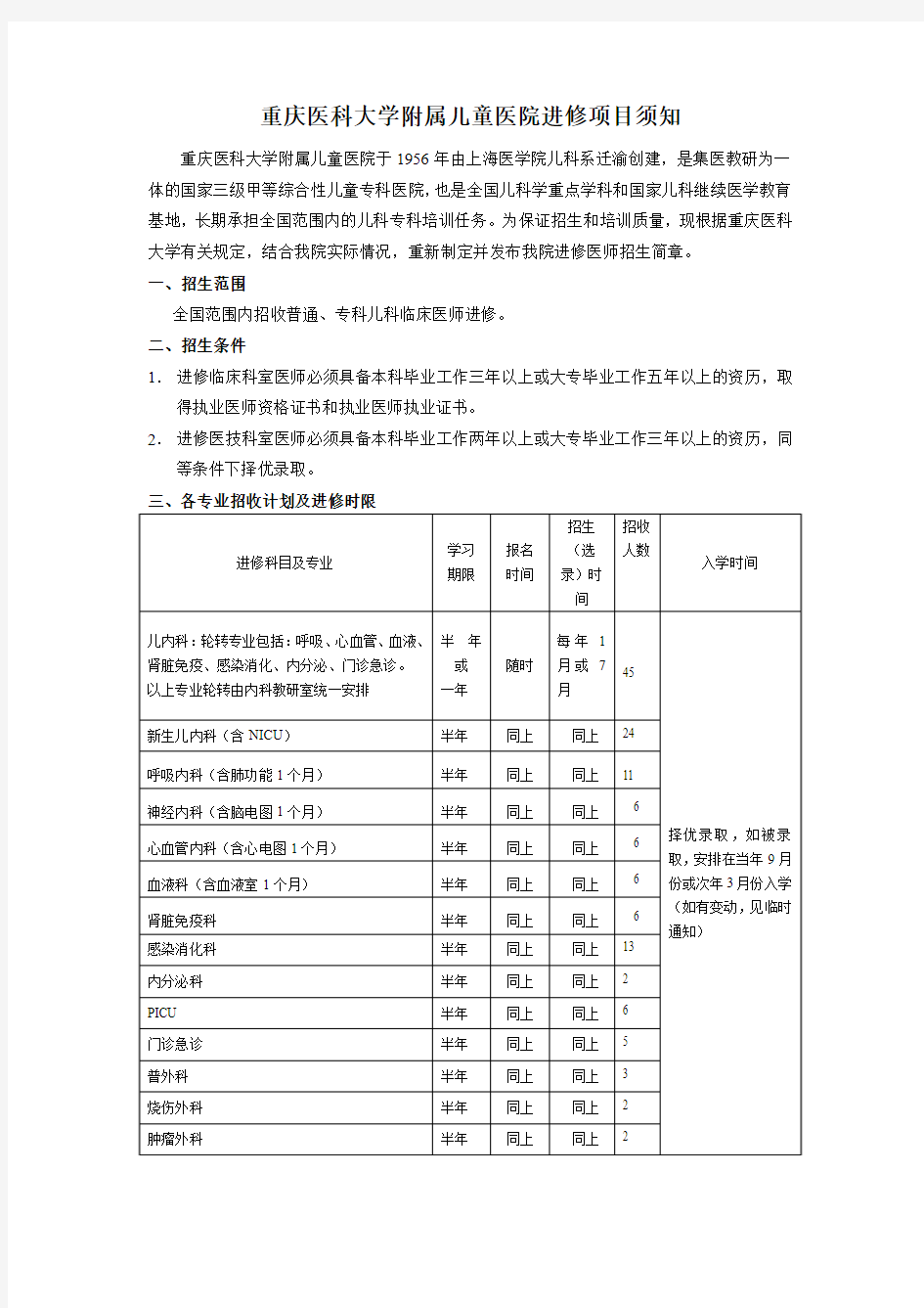 重庆医科大学附属儿童医院进修须知(2013年修订版)