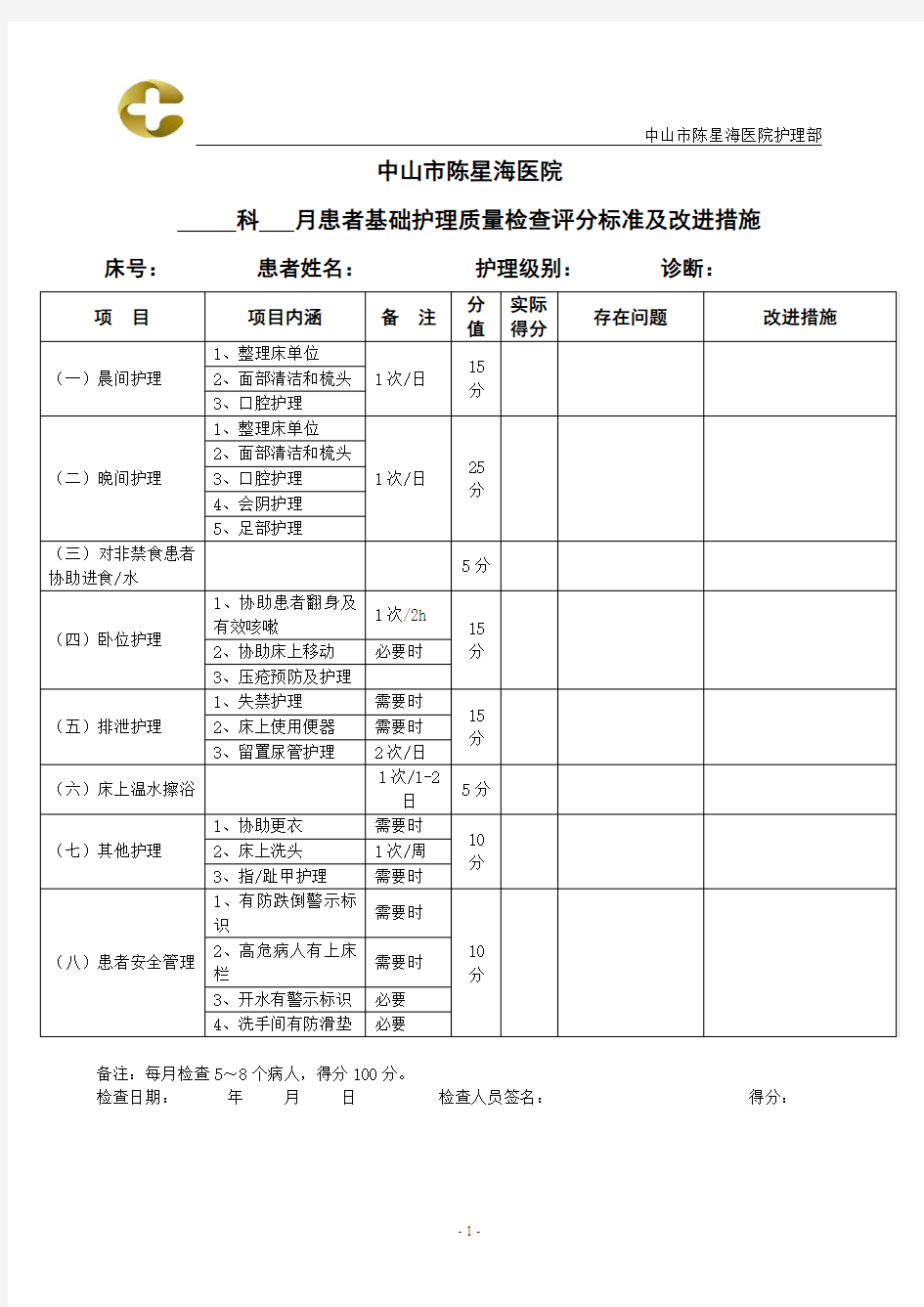 基础护理质量检查表