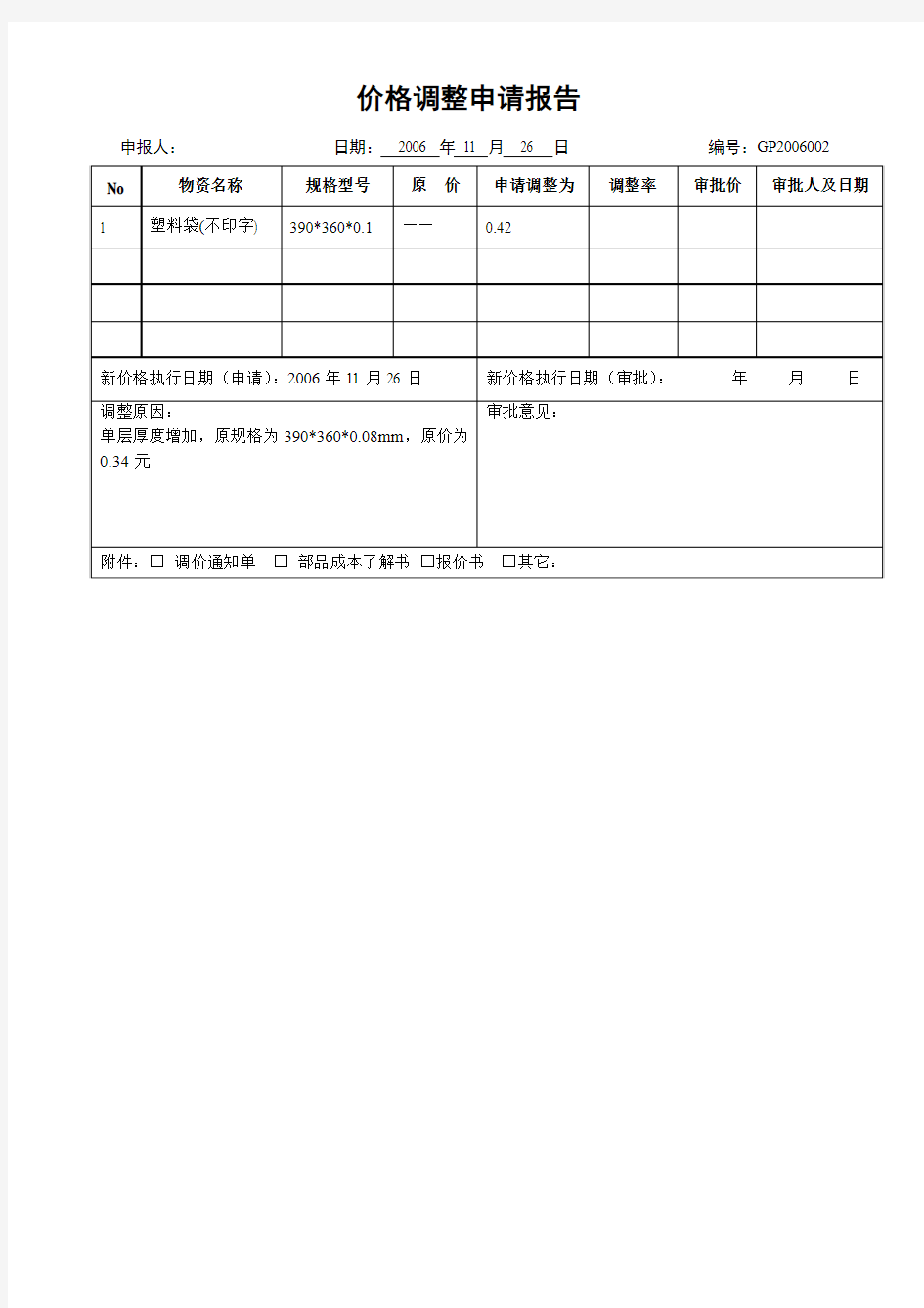 价格调整申请报告