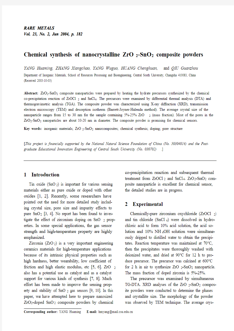 Chemical synthesis of nanocrystalline ZrO -SnO composite powders