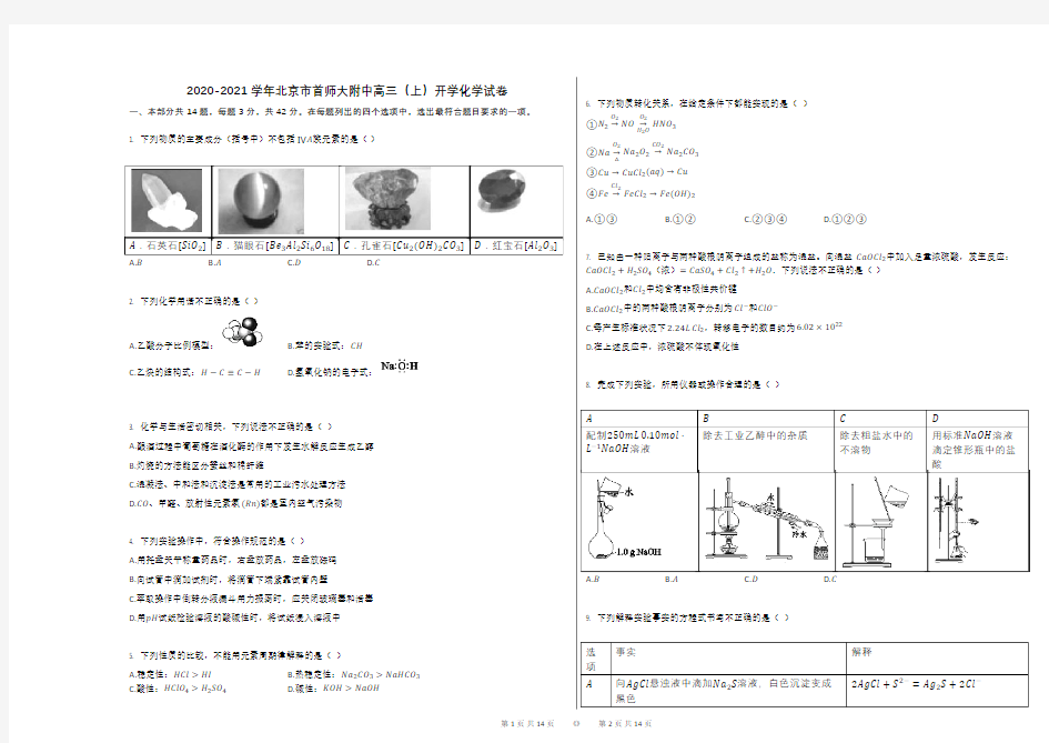 2020-2021学年北京市首师大附中高三(上)开学化学试卷