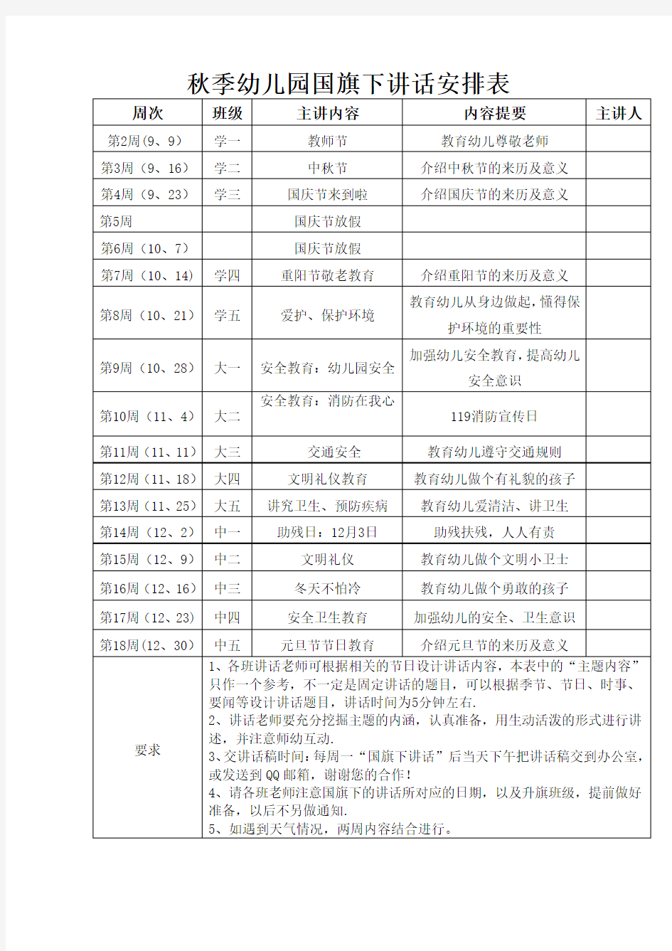 秋季幼儿园国旗下讲话安排表