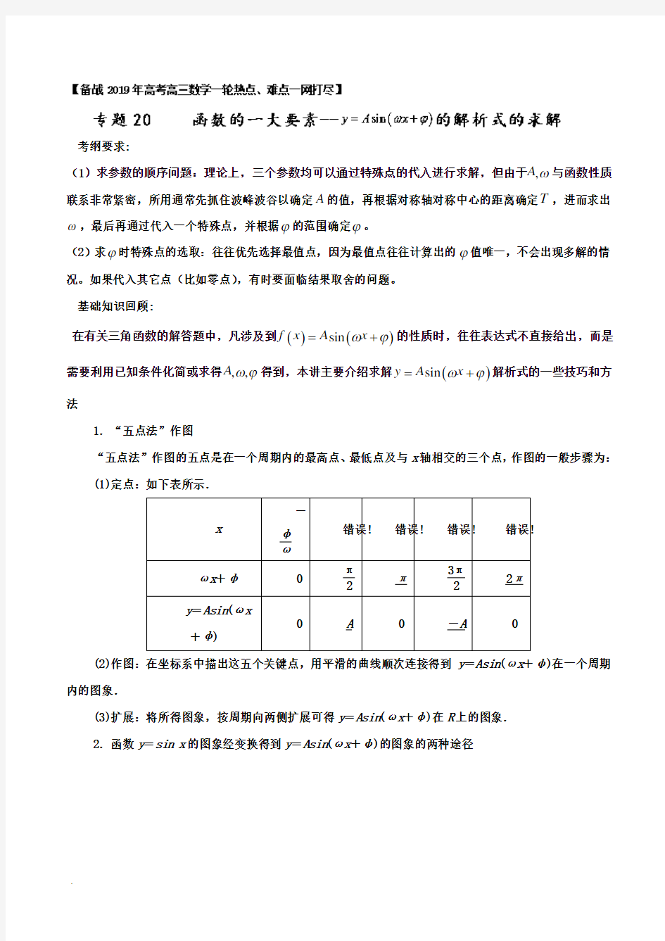 高考数学热点难点专题20+函数的一大要素--y=Asin(wx+t)的解析式的求解含答案