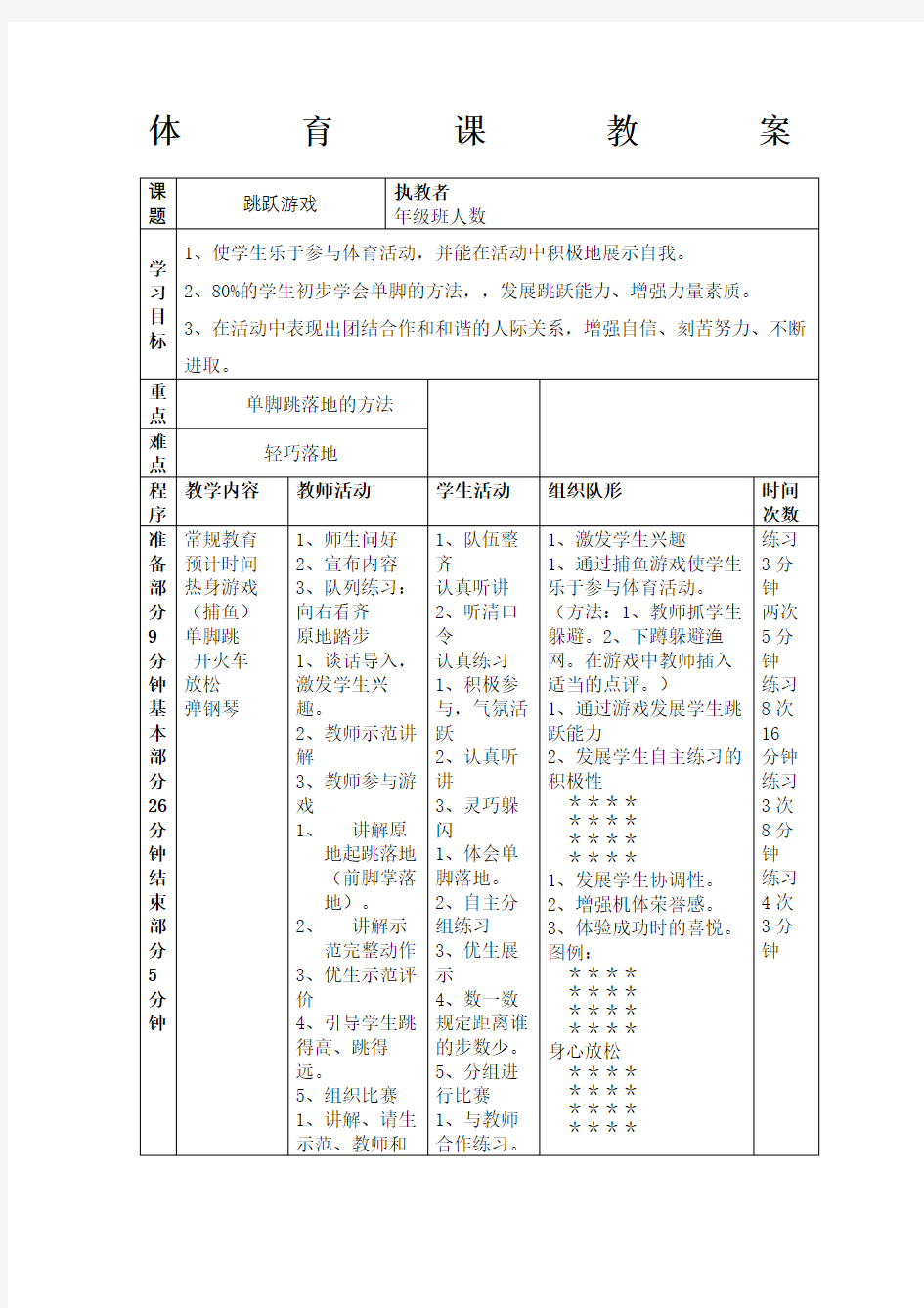 体育课跳跃游戏教案