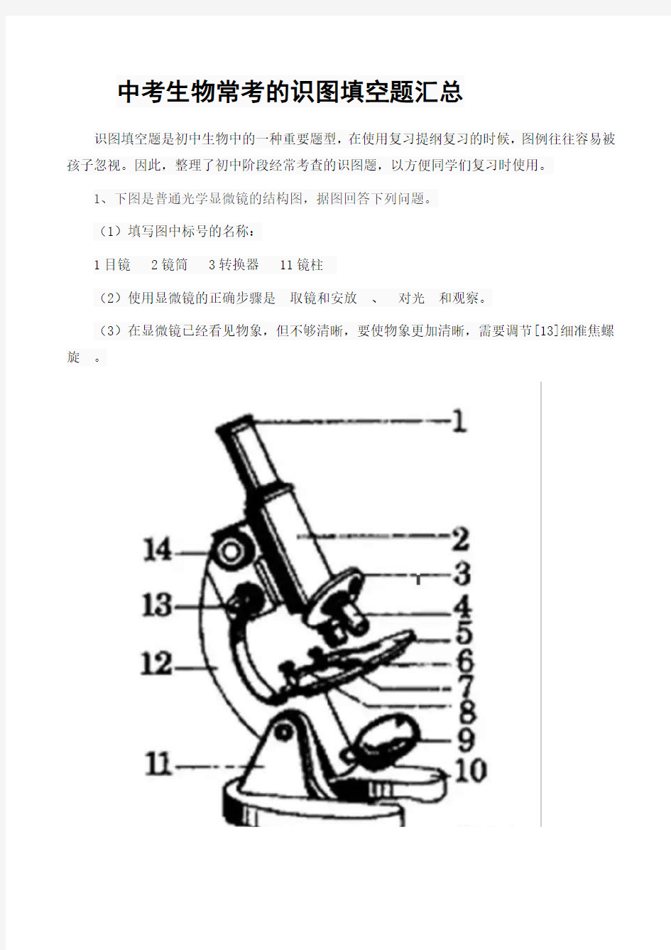 中考生物常考的识图填空题汇总