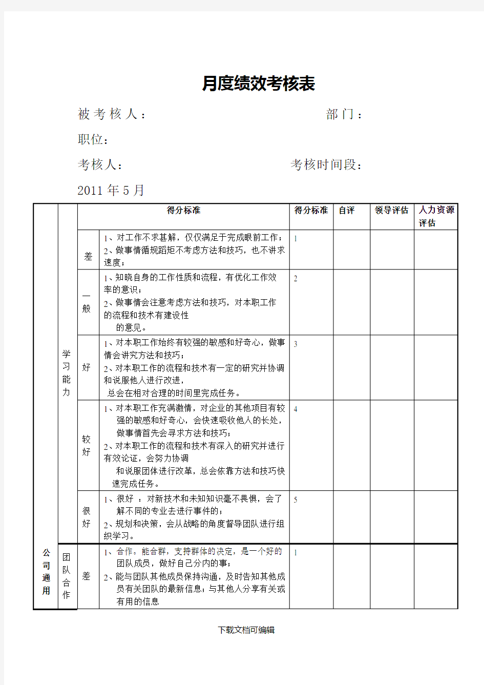 月度绩效考核表