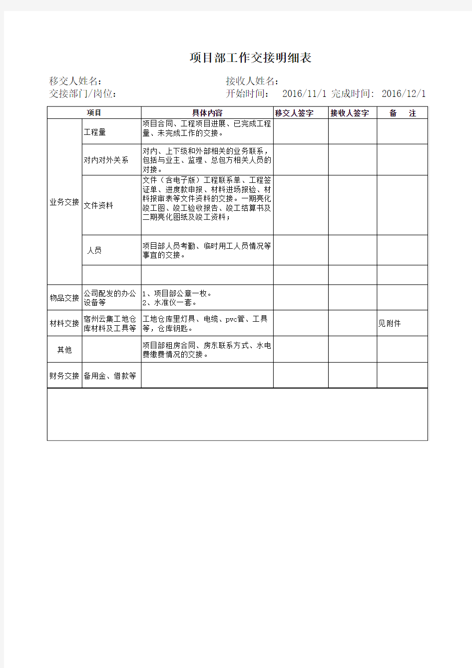 项目经理工作交接表