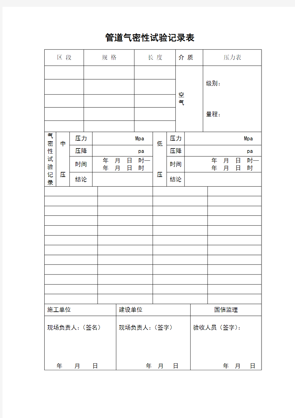 管道气密性试验记录表