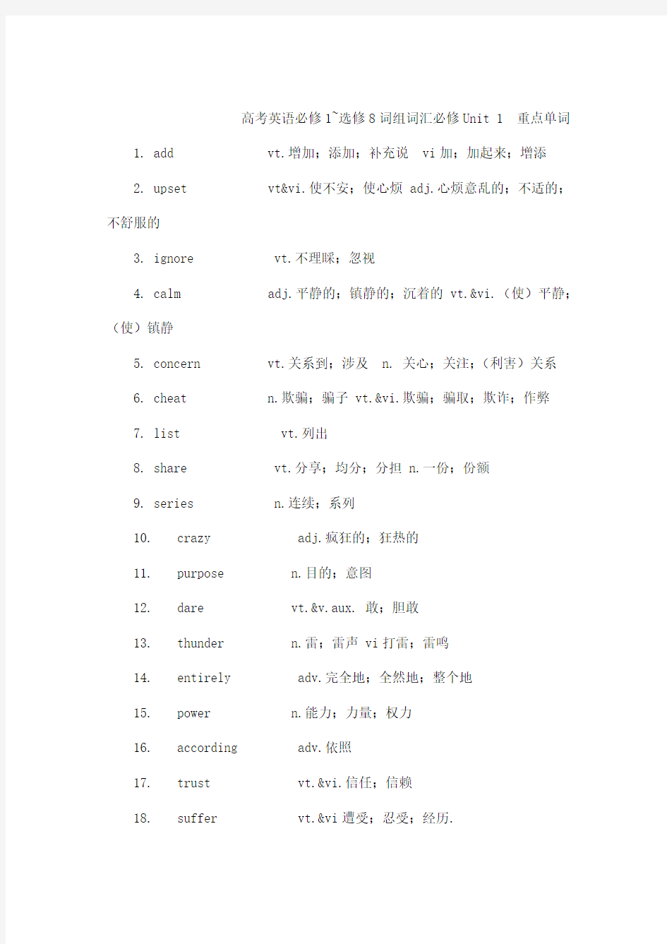 人教版高中英语必修一到选修八单词和短语