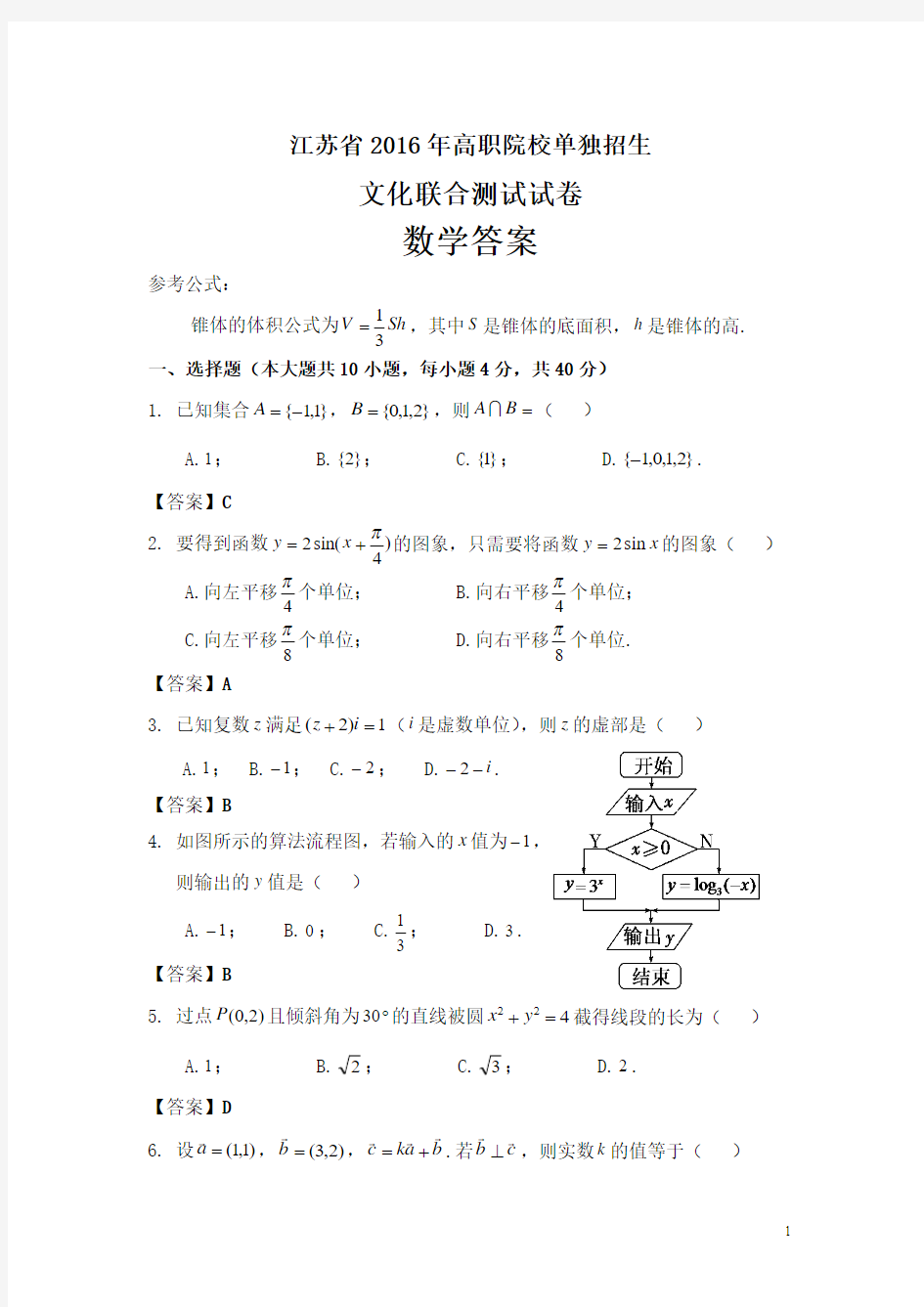江苏省2016年高职院校单独招生文化联合测试数学答案