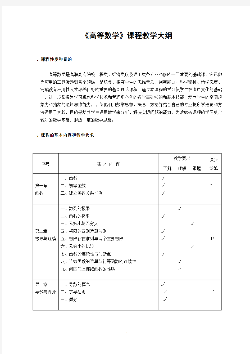 (完整word版)高职高专高等数学教学大纲及几点教学意见