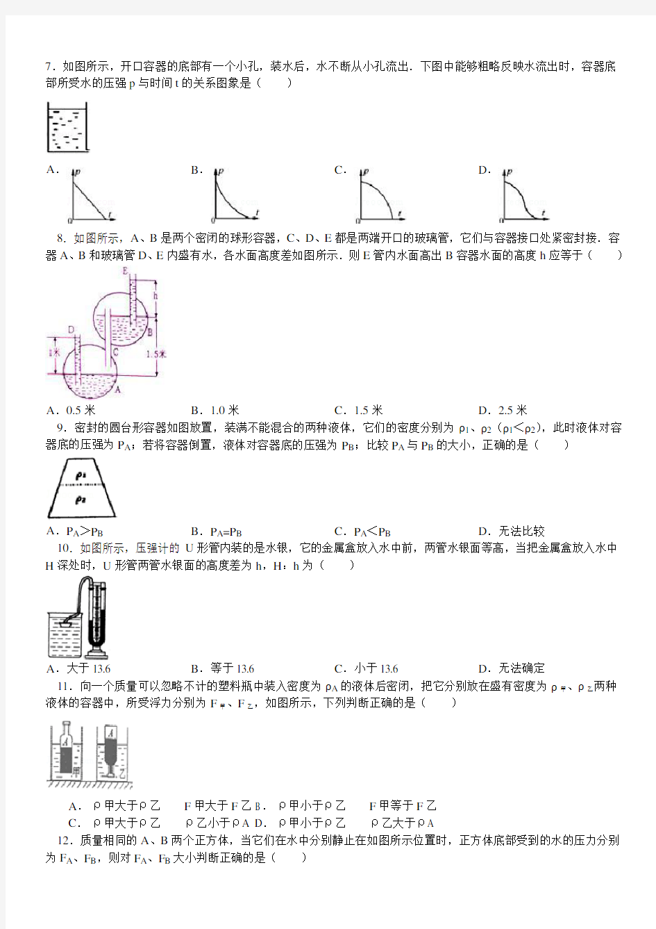 初二物理压强与浮力专题经典测试卷(含答案解析)