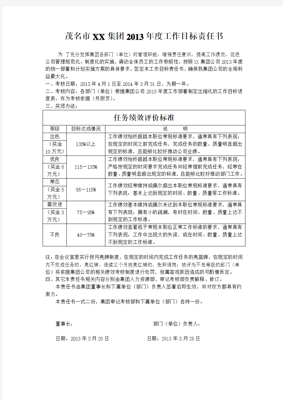 年度工作目标责任书绩效工作