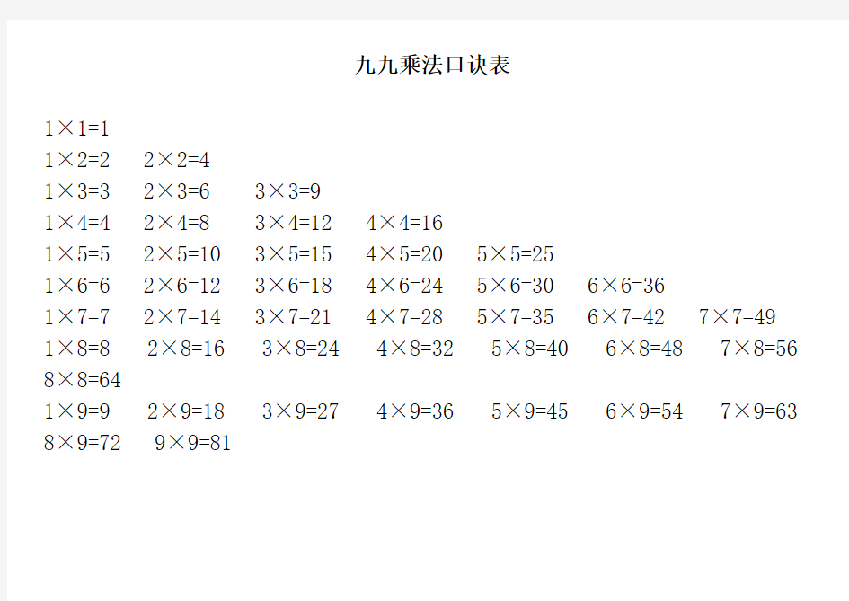 小学生九九乘法口诀表