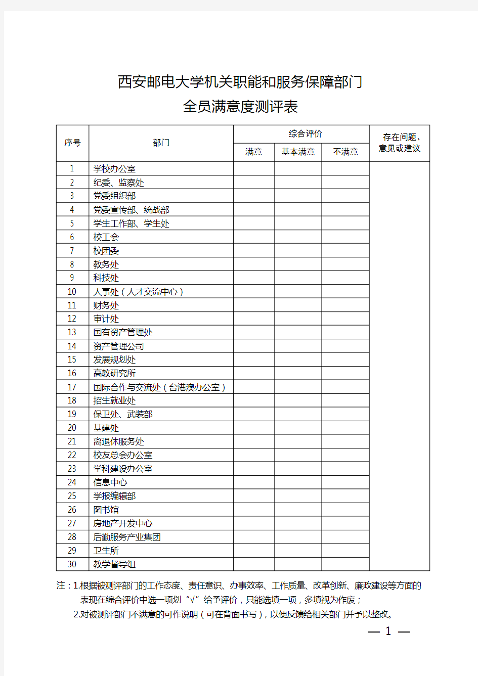 学机关职能和服务保障部门全员满意度测评表