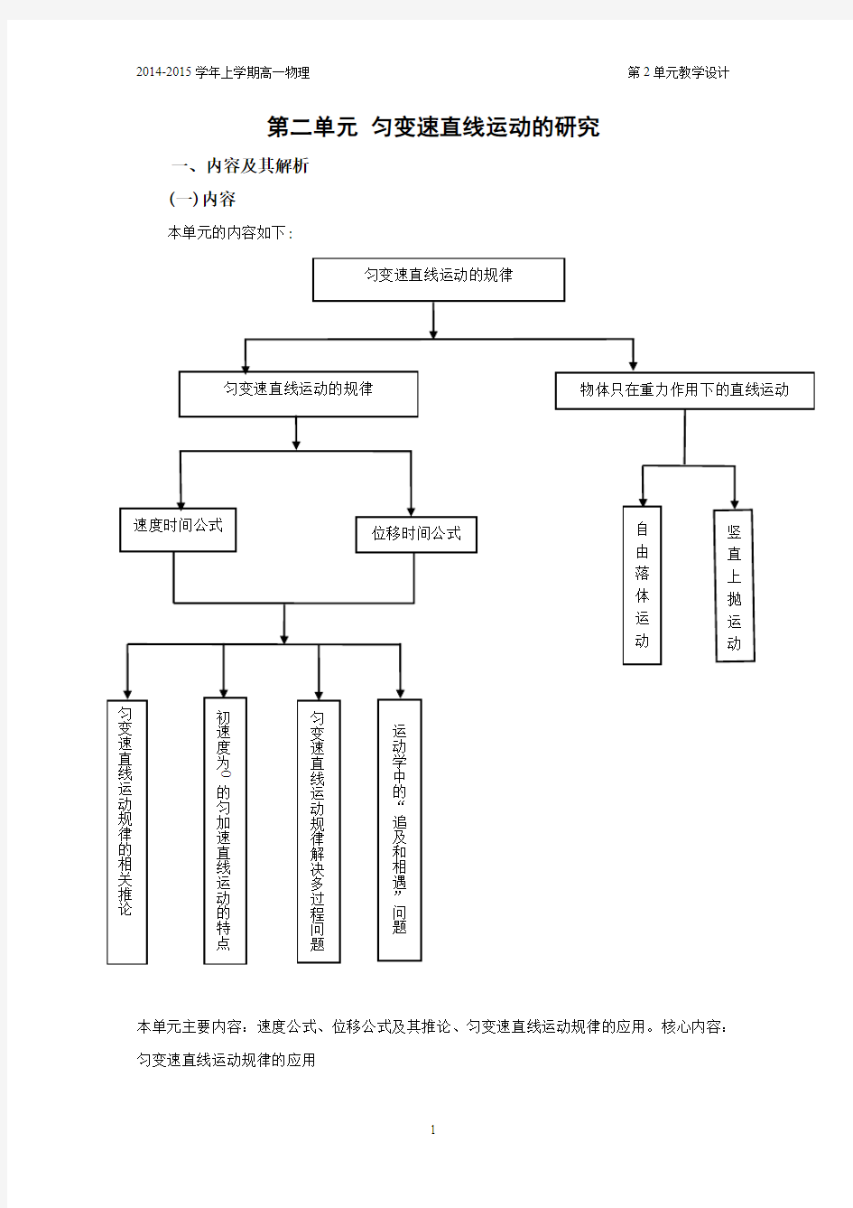 高一物理第二单元——匀变速直线运动的规律教学设计