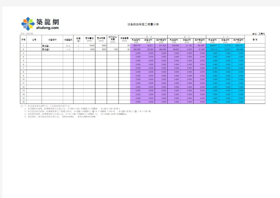 设备、管道、阀门及法兰刷油保温工程量计算表(自动计算)