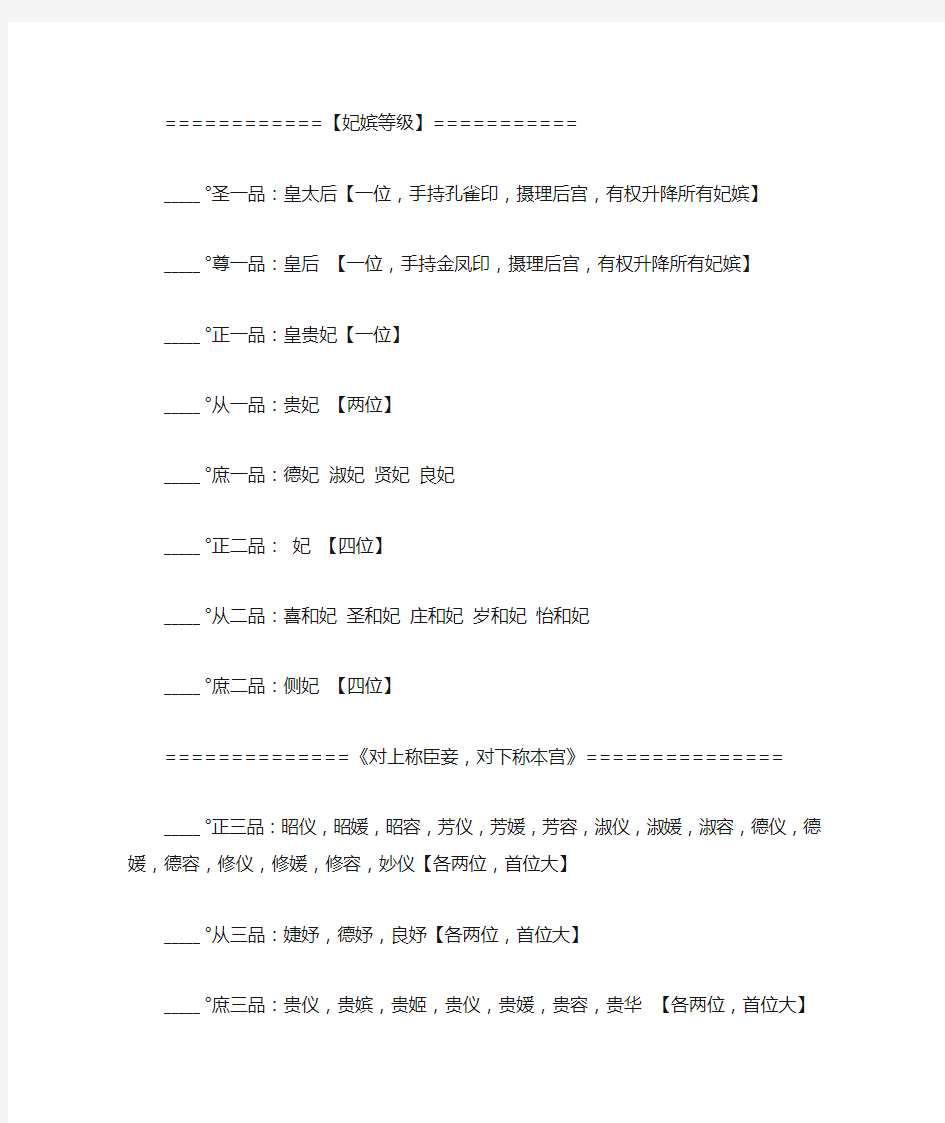 后宫嫔妃等级、职位