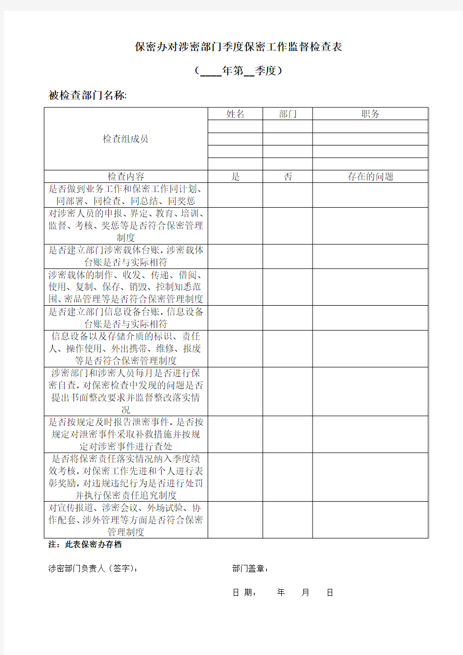 保密办对涉密部门季度保密工作监督检查表