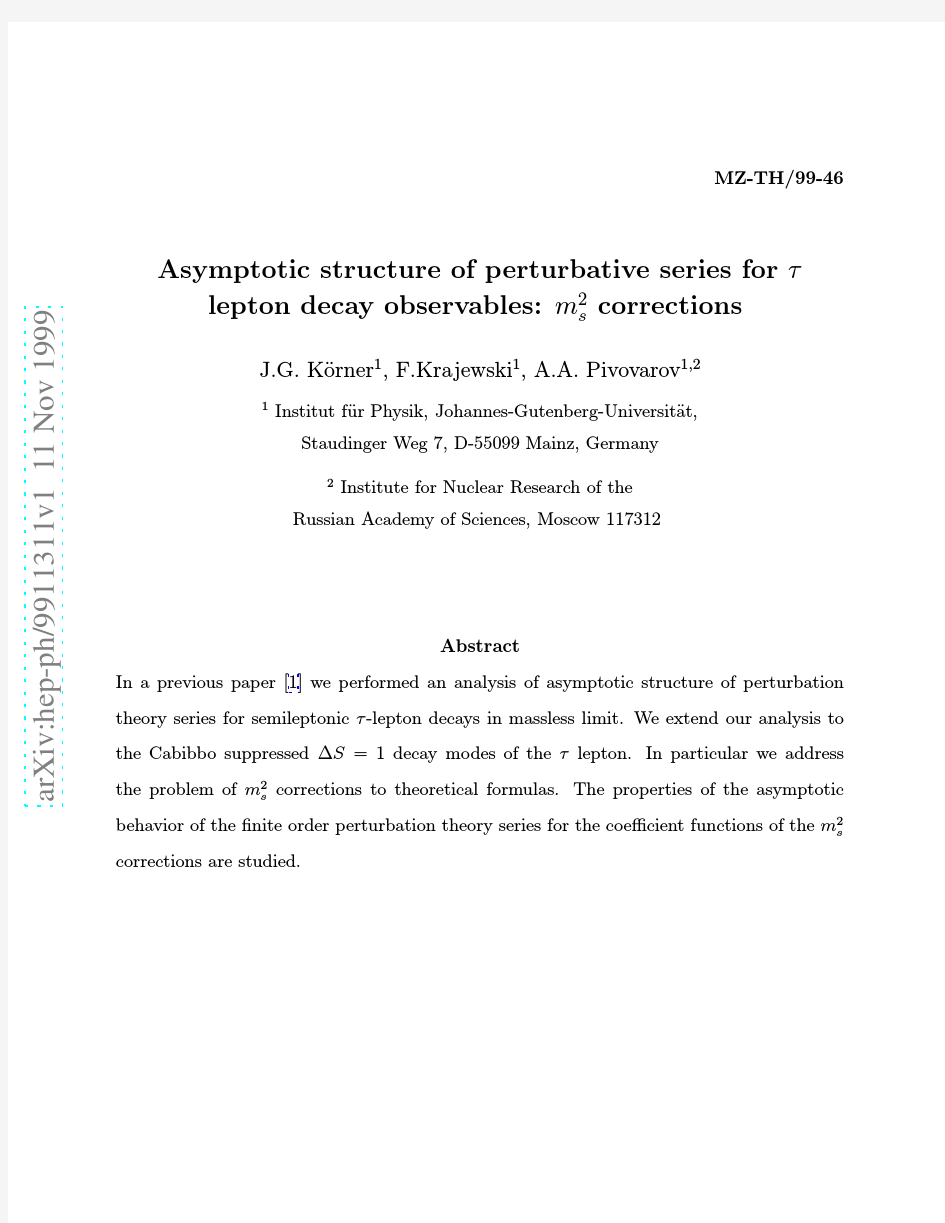 Asymptotic structure of perturbative series for $tau$ lepton decay observables $m_s^2$ corr