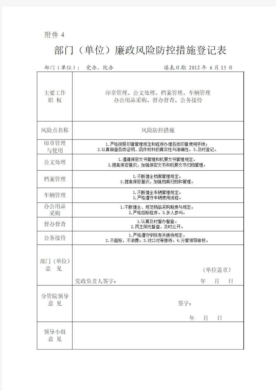 4、部门(单位)廉政风险防控措施登记表