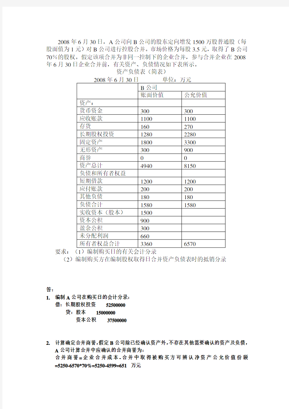 2008年6月30日,A公司向B公司的股东定向增发1500万股普通股