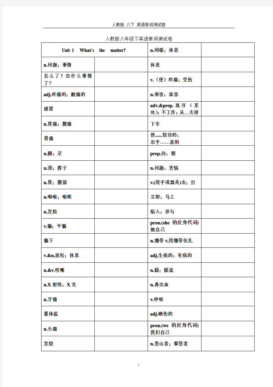 人教版八年级下英语单词测试卷